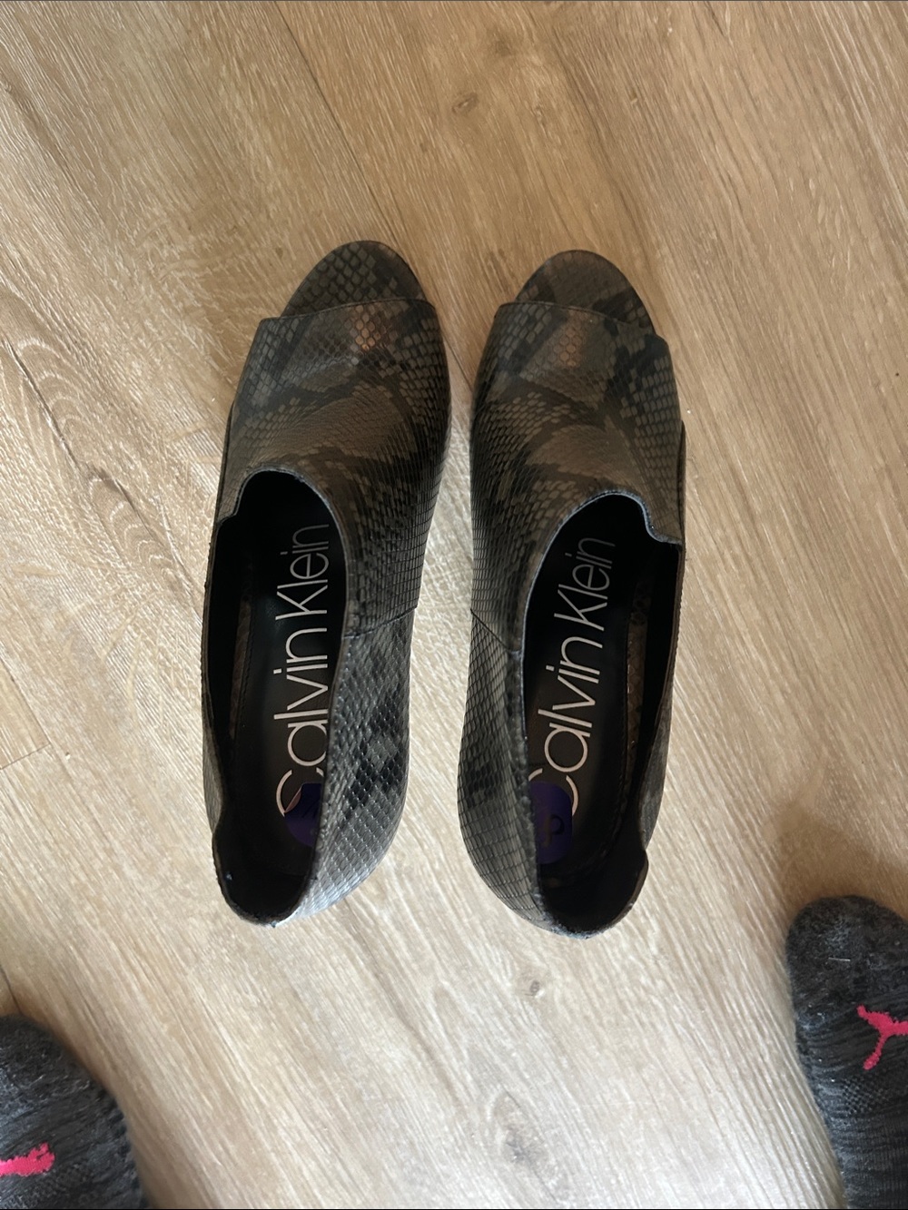 Calvin Klein Snake-Print Peep Toe Pumps in Black and Brown